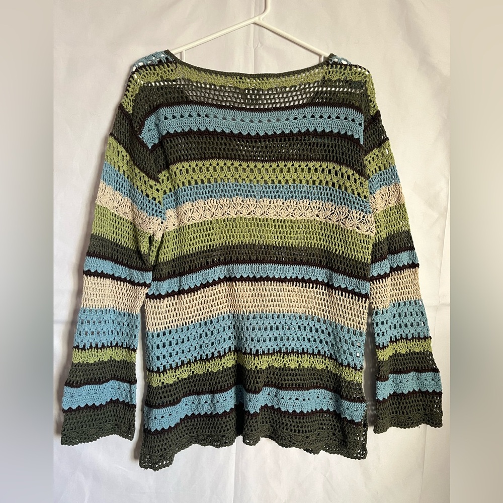 Boho Versailles Striped Crochet Knit Sweater XL Sage Blue Oversized